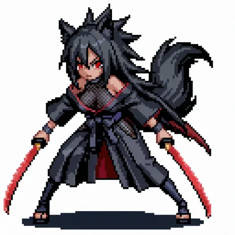 masterpiece, strike slash, breasts, full-body, cat girl, anime girl, black fur and black long hairs, uchiha madara hairstyles, voluminous spiky hair with multiple sharp points spreading outward and giving a dynamic wild appearance, wearing black ninja mesh...