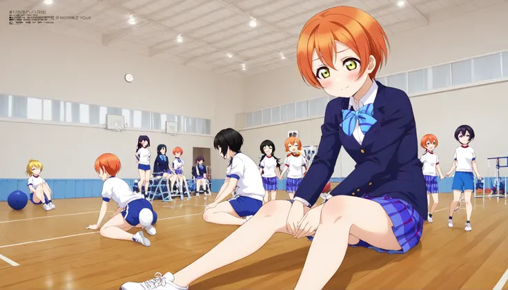 1girl,unwellness hoshizora rin, striped, short hair, blush, otonokizaka school uniform, lovelive_rin black blazer, blue plaid skirt, blue stripe bowtie, orange hair, very short hair, hair between eyes, yellow green eyes,sitting on the floor grasping one's ...
