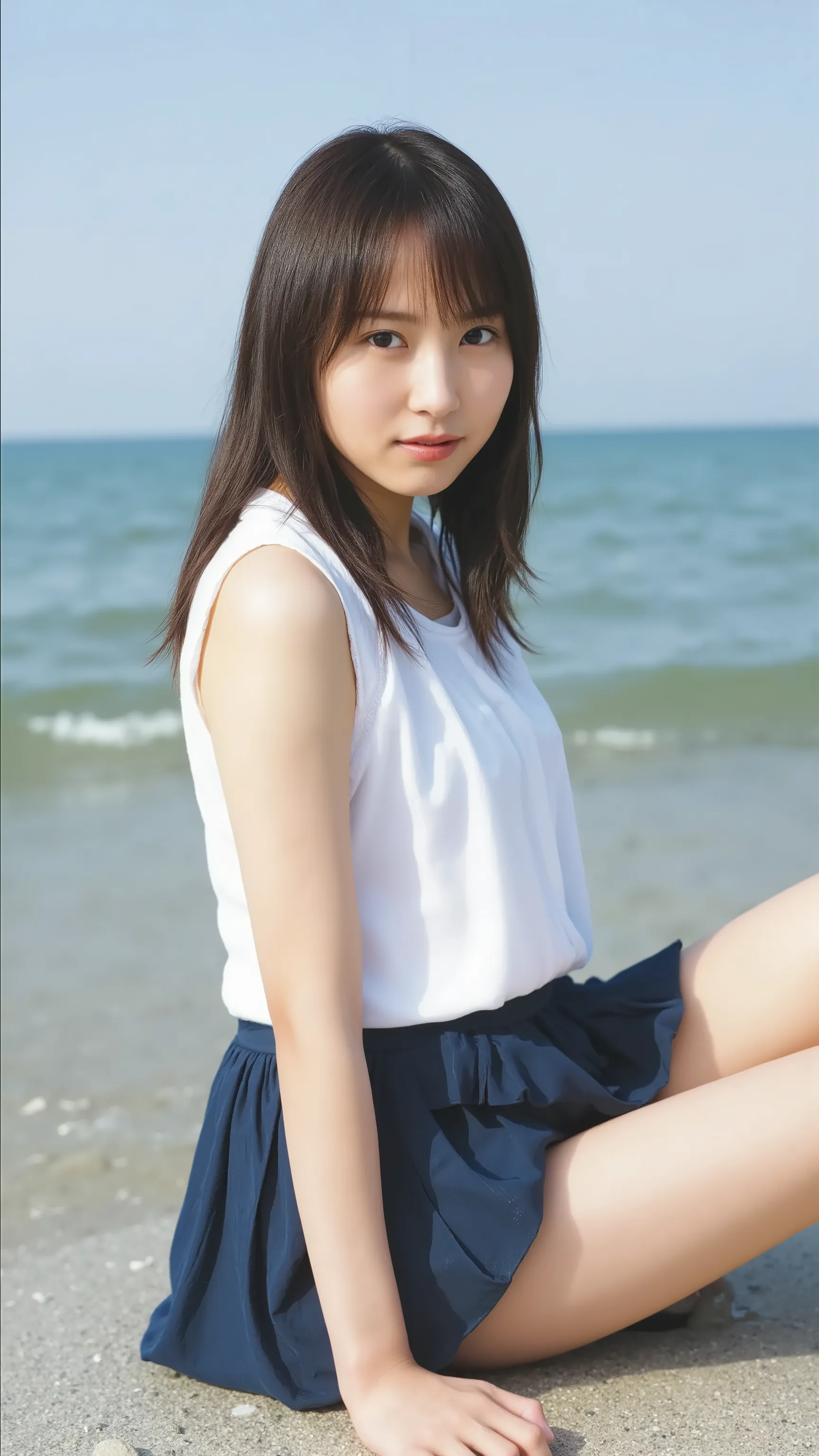 ((View angle from below、 top quality 、masterpiece、32K、Every Little Detail ))、Descend the outdoor stairs、 white blouse、(((huge breasts))), pleated skirt 、((( Strong wind blows my hair and skirt:1.62)))、(( I always wear the bag strap at an angle to my body:...