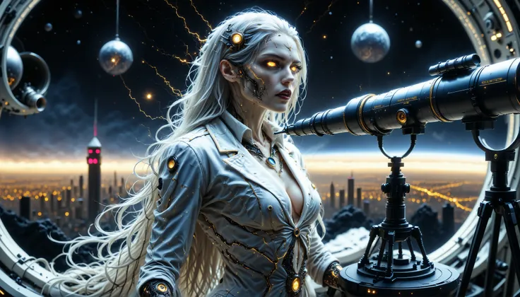 cybernetic corruption, seductive cybernatic vampire, Skyline Observatory: Vampire astronomer with long silver hair, gold ocular implants, in a white lab coat woven with neon threads. She peers through a telescope at a binary star system.