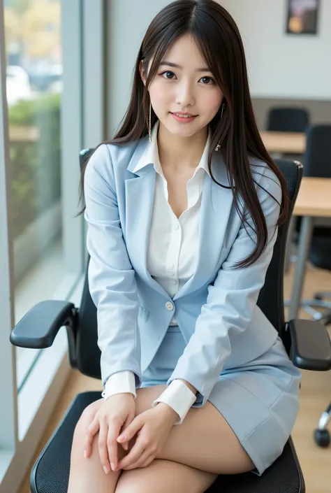 (full body image:1.5), (From the top of her head to the tips of her feet :1.5), (太ももからhigh heelsにかけての脚線美:1.5), (太ももからhigh heelsにかけての脚線美:1.5), Sleek long black hair , Professional Office Lady with Long Dark Hair, is sitting in a chair with her legs crossed...