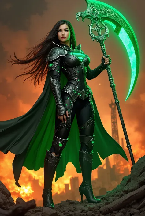 pinkdarkfantasy , A woman with long black hair , wearing intricate black armor with emerald gemstones , holding a large , glowing green scythe , standing amidst burning ruins . WEARING A SUPERGIRL COSTUME AND CAPE .