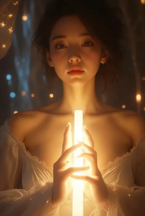 fantasy anime style, beautiful busty woman, only her own elegant hands stacked together, gently and sensually embracing a glowing cylindrical rod, 20 centimeters long and 5 centimeters in diameter, glowing intensely with pure radiant divine light, cylindri...