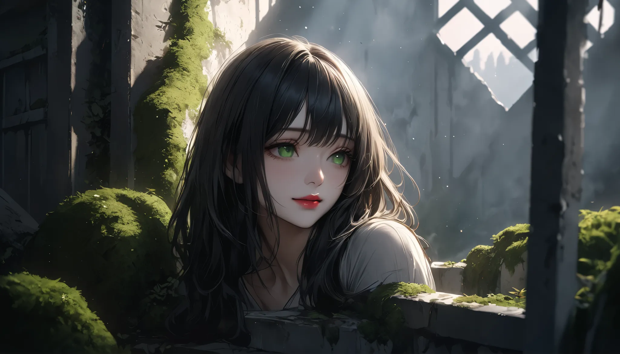  dark部屋に座る若い女性, concrete prison, only light shining through a small window, Lattice window in a high position, Beautifully detailed moss green eyes, sad expression、black hair、sorrow、beautiful detailed lips, very detailed face, long eyelashes on their left ...