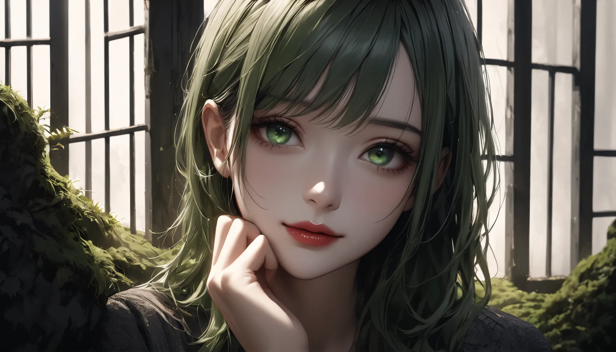   dark部屋に座る若い女性,  concrete prison, Only light shining through a small window, Lattice window in a high position, Beautifully detailed moss green eyes, Sad Expression、beautiful detailed lips, very detailed face, Long lashes on my left hand, natural yet mela...