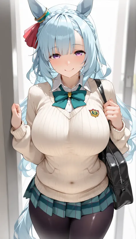 (masterpiece:1.5), (Highest Quality:1.4), (high resolution:1.9), High quality eyes, Mejiro Ardan(umamusume), anime cool woman, high school uniform, skirt, sweater, tights, (plump:0.8), (embarrussed), sexy smile