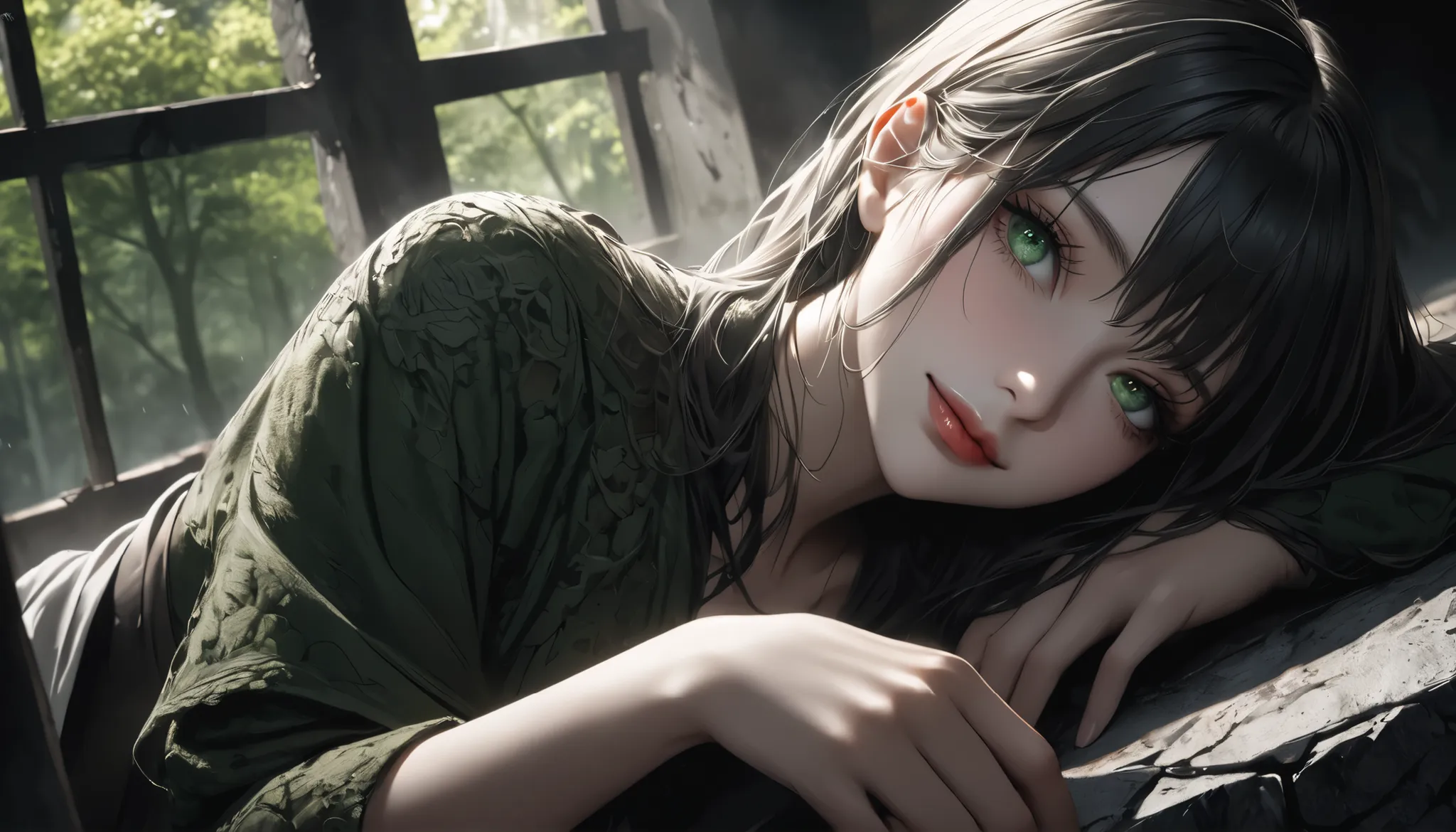  dark部屋に座る若い女性, concrete prison, Only light shining through a small window, Lattice window in a high position, Beautifully detailed moss green eyes, beautiful detailed lips, very detailed face, long eyelashes on their left hand, natural yet melancholic smi...