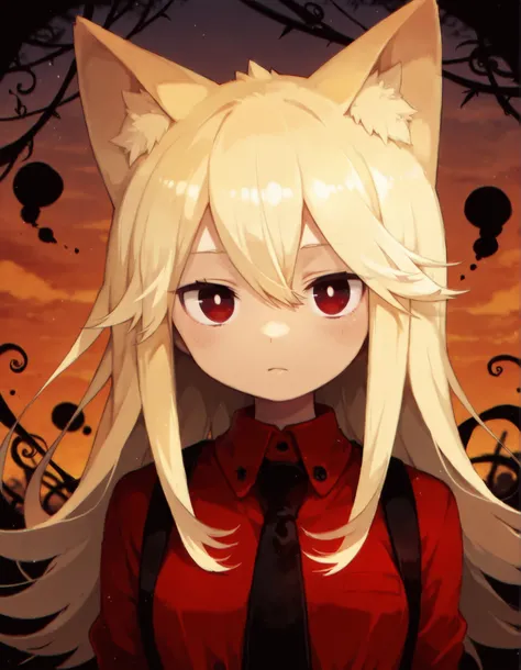 masterpiece, best quality, very aesthetic, 1girl,, solo,  Moge-ko, Moge-ko girl, long hair, blonde hair, red eyes, animal ears,  cat_ears, red shirt, black silk tie,, evening, darkness,  looking at viewer, 