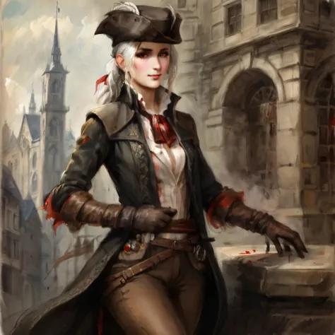 dvnc LadyMaria, white hair, medium hair, ponytail, hair ribbon, looking at viewer, pale skin, colored skin, white skin, outfit_1, tricorne, hat feather, long coat, waistcoat, ascot, blood on clothes, brooch, gem, brown gloves, belt, brown pants, knee boots...