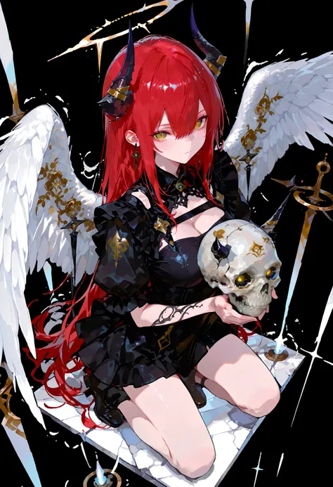 ((from above:1.2)),Flat color, limited palette, Line Clair,,,Concept art, standing on a diamond-shaped base.,Anime character with wings surrounded by skulls and horns, 1 girl , golden eyes , very long hair , long sidelocks, red hair, petite , very cute , b...