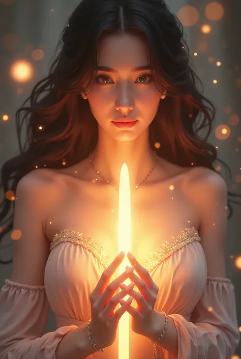 fantasy anime style, symbolic and majestic composition, beautiful busty woman, glowing cylindrical rod symbolizing the future of humanity, precisely 20 centimeters long and 5 centimeters in diameter, glowing intensely with radiant divine light, surrounded ...