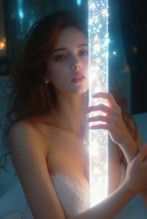 fantasy anime style, beautiful busty woman, only her own elegant hands stacked together, gently and sensually embracing a glowing cylindrical rod, 20 centimeters long and 5 centimeters in diameter, glowing intensely with pure radiant divine light, cylindri...