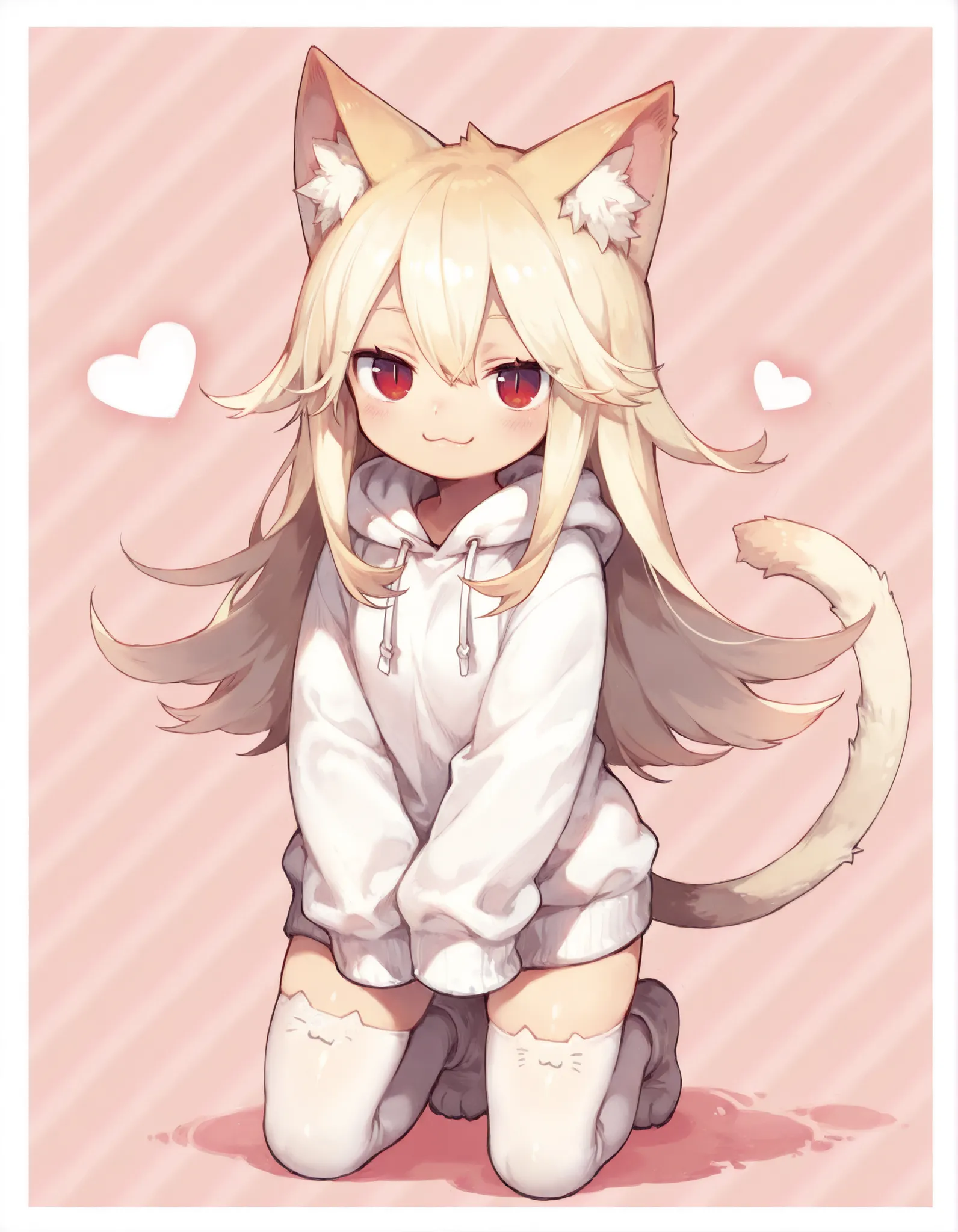 masterpiece, best quality, very aesthetic, 1girl,, solo, Moge-ko,Moge-ko girl,long hair,blonde hair,red eyes,animal ears,
1girl,:3, animal ear fluff,animal ears,blonde hair,border,cat ears,cat girl,cat tail,closed mouth,full body,heart,hood,hood down,hoodi...