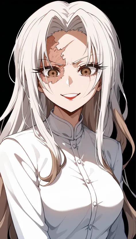 girl,very long hair, in brown eyes,thin,thinมาก,milf,Iสียใจ,Empty eyes,ผิวIผือก,Long Eyelashes,white hair,, burns?,Burn scar,crazy,standing up,Fractured face,brown hair,Two tone hair ,Iสื้อขาด,hair split ends,prisoner, ,black background,Upper Body Shape,sc...