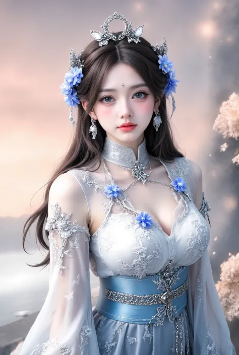 clothing
Dressed in an antique costume with a blue and white color scheme,The overall style is light and flowy。Top is translucent material,饰有精致的银色花纹与蓝色Flowers装饰,Unique design on the shoulders and chest,Accentuate elegance。has silver butterfly ornaments on ...