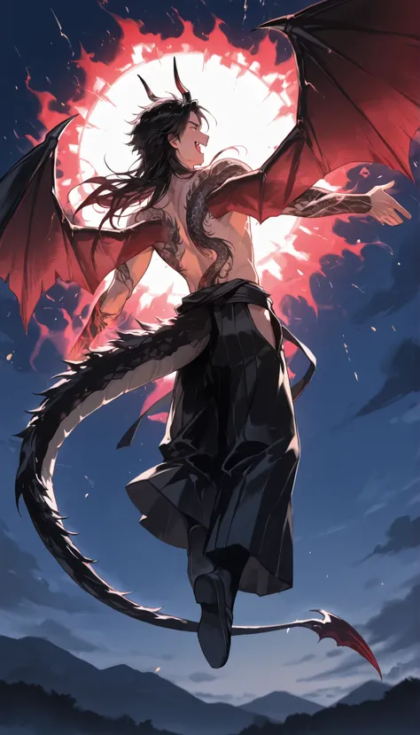 yakuza young boy, flying on the sky, long hair, handsome, topless, black kimono, dragon tattoo, dragon tatto, happy , black body aura, evil wings, dragon tail, dragon horn, fang