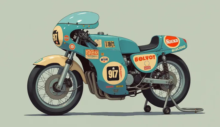 バイクにteeth、are modern It exudes a nostalgic vibe {x} vintage style illustration of the bike adorned with number 917 and various sponsor logos {x} with a sleek wraparound fairing with light blue and teal accents {x} 番号917とさまざまなスポンサーロゴin飾られたバイクのビンテージスタイルのイラスト...