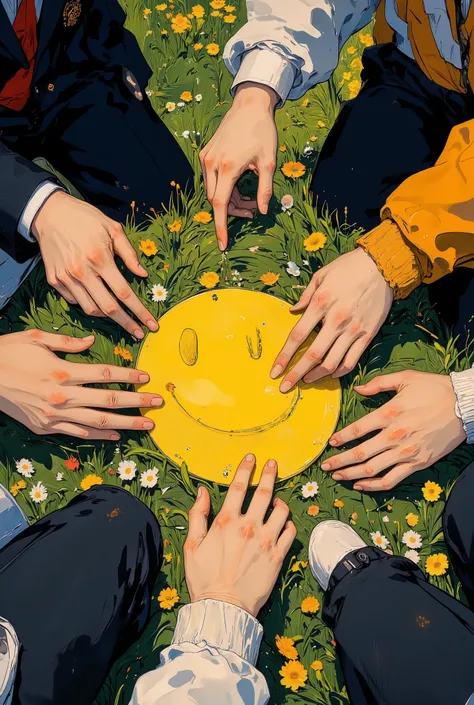 a photorealistic image of four friends sitting in a circle, each extending one hand into the center,
their palms pressed together to form a single large yellow smiley face drawn across all four hands,
the smiley is slightly imperfect, hand-drawn with t...