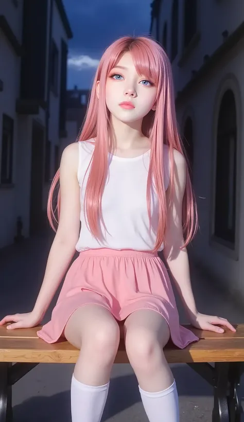 very beautiful & cute anime girl with long pink hair & blue eyes, wearing a pink skirt & a white sleeveless seifuku shirt, white knee-high socks, sitting on a bench at a dark urban backstreet, dark night sky, 1girl, solo