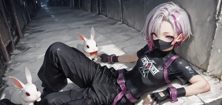 score_9, score_8_up, score_7_up, score_6_up, score_5_up, score_4_up,
4K, 8K, white_hair, Purple_hair, multicolored_hair, two-tone_hair, (streaked hair), cute Rabbit,
1girl, alone, smile, asymmetric short hair, ((slicked-back hair)), He has a black mask ...
