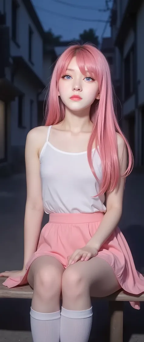 very beautiful & cute anime girl with long pink hair & blue eyes, wearing a pink skirt & a white sleeveless seifuku shirt, white knee-high socks, sitting on a bench at a dark urban backstreet, dark night sky, 1girl, solo