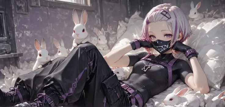 score_9, score_8_up, score_7_up, score_6_up, score_5_up, score_4_up,
4K, 8K, white_hair, Purple_hair, multicolored_hair, two-tone_hair, (streaked hair), cute Rabbit,
1girl, alone, smile, asymmetric short hair, ((slicked-back hair)), He has a black mask ...