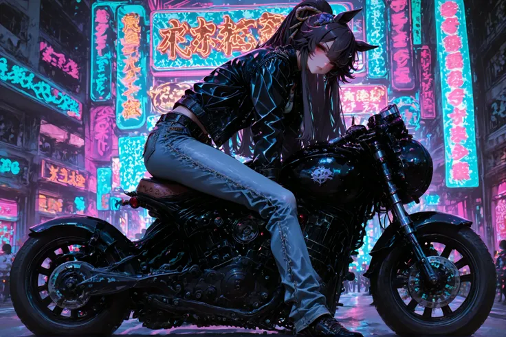masterpiece、Narita Brian(Uma Musume)、yabuki、High Quality、8K、1 girl, Scout Bobber, Leather jacket, denim pants, ride motorcycle, neon city background