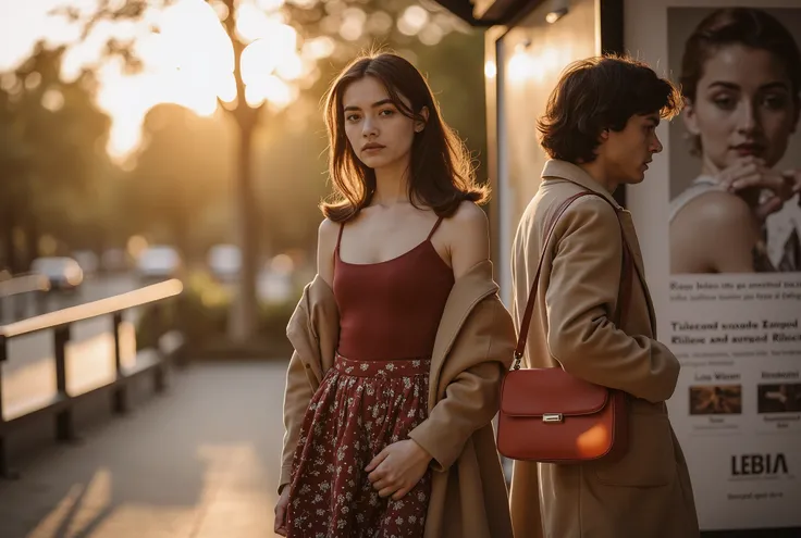 A cinematic still from a European arthouse film, set at a quiet urban bus stop during golden hour on a late afternoon. A young woman with pale skin and dark brown shoulder-length hair stands in a contemplative pose, arms crossed, facing forward but emotion...