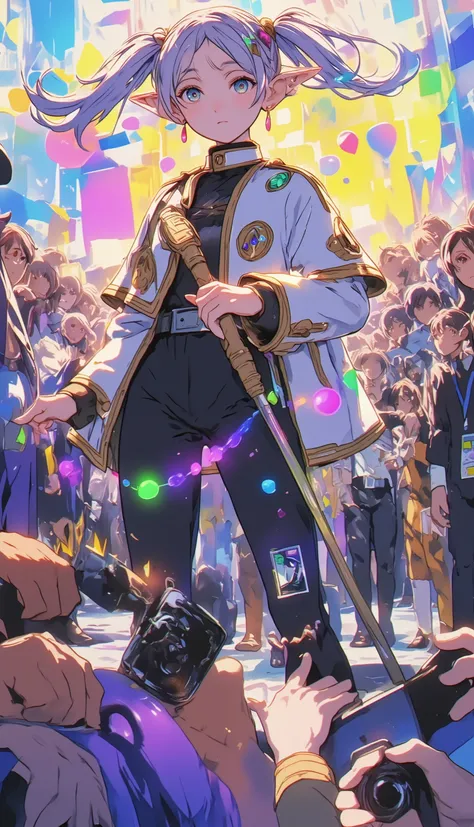 Fans with cameras surround a girl who cosplayed as Freelen at a comic convention, and while puzzled, she poses using magic for the fans、((Enthusiastic Excitement))、Freelen's Cane、 tokyo big sight、amazing background、 beautiful hands、 pretty finger、((Accurat...