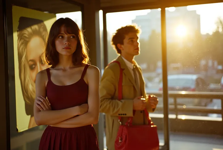 A cinematic still from a European arthouse film, set at a quiet urban bus stop during golden hour on a late afternoon. A young woman with pale skin and dark brown shoulder-length hair stands in a contemplative pose, arms crossed, facing forward but emotion...