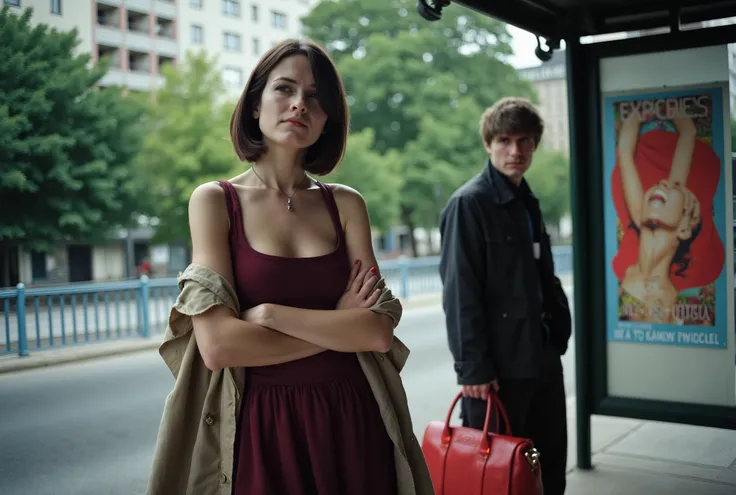 A cinematic still from a European arthouse film, set at a quiet urban bus stop on a cloudy afternoon. A young woman with pale skin and dark brown shoulder-length hair stands in a contemplative pose, arms crossed, facing forward but emotionally distant. She...