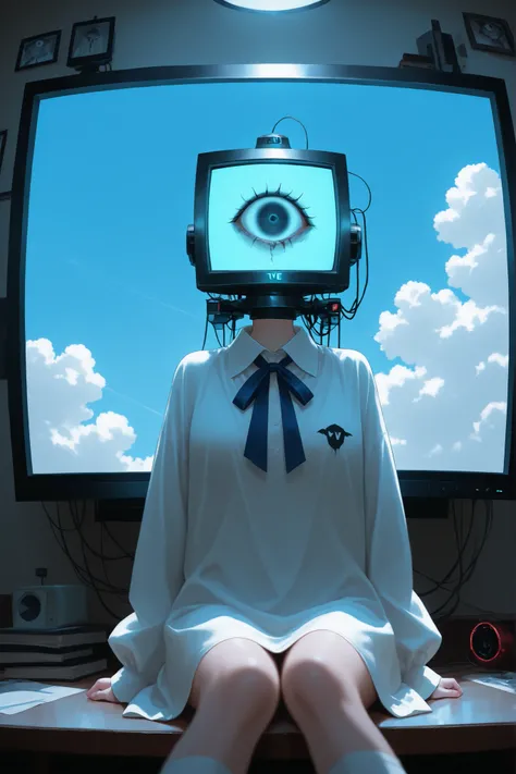Creepy、The person whose head is a TV monitor、blue sky、morning、scary、One eye is shown on the monitor