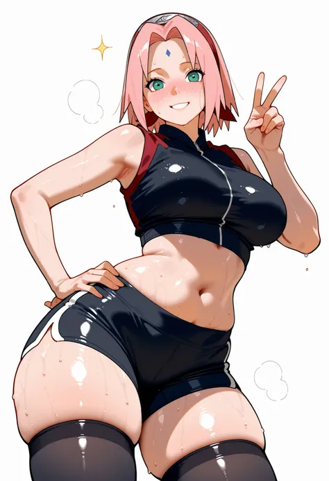 masterpiece, absurdres ,1girl, haruno sakura,haruno sakura from naruto,forehead mark, red hairband,,navel,  , looking at viewer,, smile, large breasts, shiny skin, shiny hair, shiny body, clear body, large breasts, nose blush, sweat, sweaty, sweaty:1.3, wh...