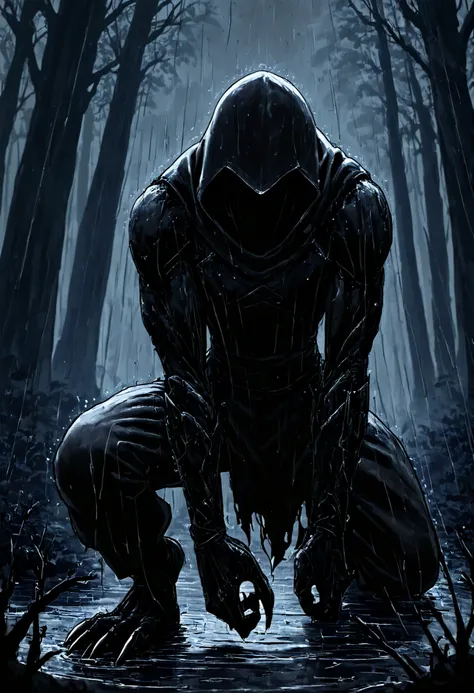 (breathv:1),Ninja in black moving in the shadows,Dark silhouette,dynamic pose,movement,dark forest,remaining,Heavy rain,claws,threatening,