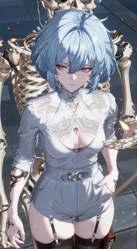 (Perfect face, very detailed face,)a boy,solo,(( a white boy in his 20s,Garter belt on thigh,Thigh shot,with hand in pocket)) short hair, white light blue hair, messy hair, gray eye, white pupils,Looking to the side, white dress shirts, white pale skin,sk...