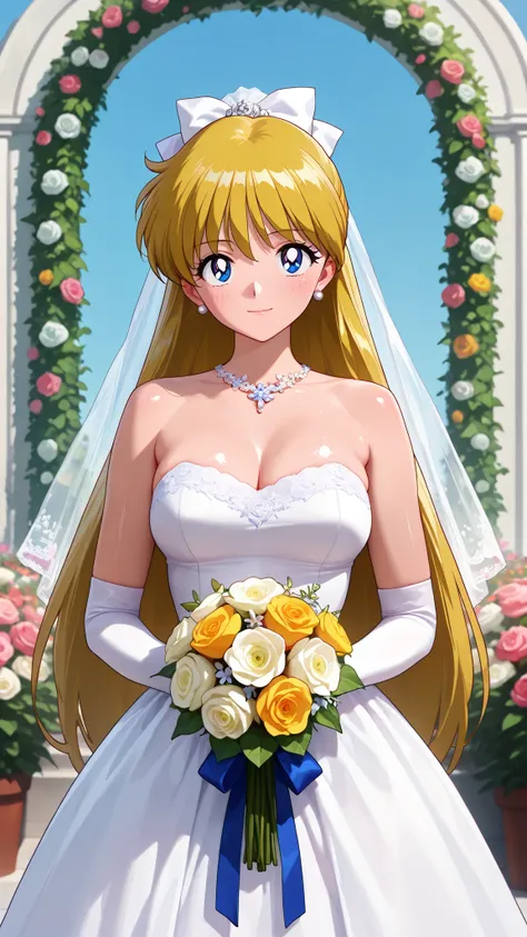 masterpiece,best quality,amazing quality, clear skin, ultra-detailed-eyes, soft skin, very awa, very as2, shiny skin, shiny hair, soft body,  90's style, official art, minako aino, blonde hair, blue eyes, half updo, long hair,photography, portrait, beautif...