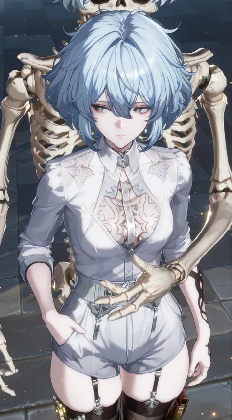 (Perfect face, very detailed face,)a boy,solo,(( a white boy in his 20s,Garter belt on thigh,Thigh shot,with hand in pocket)) short hair, white light blue hair, messy hair, gray eye, white pupils,Looking to the side, white dress shirts, white pale skin,sk...