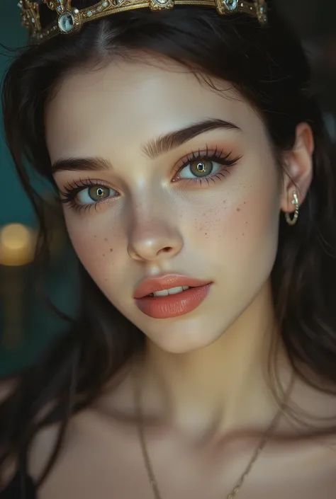 close-up of a beautiful woman's face , Beautiful Eyes, complicated, Chest, soft lips , smile, naughty, seductive gaze, freckles, crown, jewelry on kiss butt