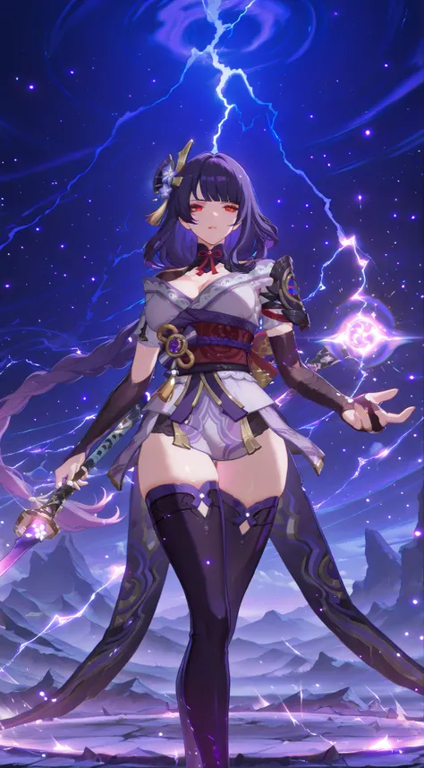 raiden shogun from genshin impact, (masterpiece, superior quality, best quality, official art, beautiful and aesthetic:1.2), lightning, (1girl), pretty and devilish girl, ((red eyes)), very long hair, absurdly dressed detailed, in the sky, detailed chaotic...