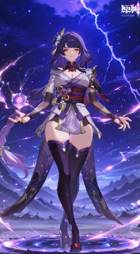 raiden shogun from genshin impact, (masterpiece, superior quality, best quality, official art, beautiful and aesthetic:1.2), lightning, (1girl), pretty and devilish girl, ((red eyes)), very long hair, absurdly dressed detailed, in the sky, detailed chaotic...