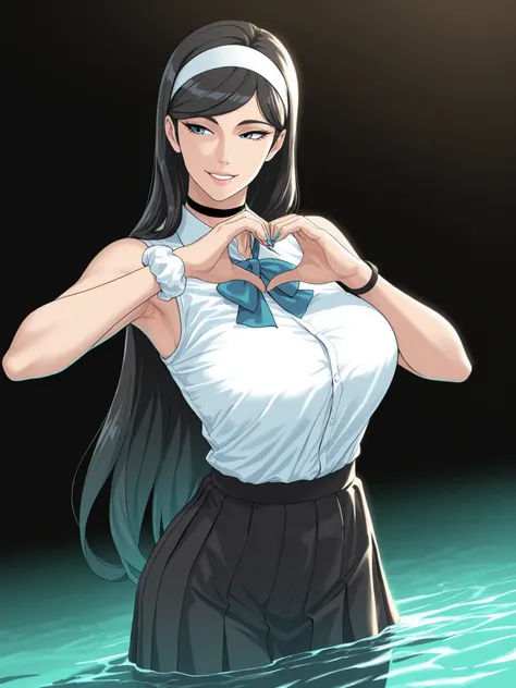 ((sleeveless,armpits,chestの谷間,viewers)),1 girl, solo, Kumashiro Maya , black hair, parted bungs, headband, long hair, chest, make eye contact, , smile, bungs, blue eyes, skirt for ears, large chest, simple background, shirt, white background, bow, ribbon, ...