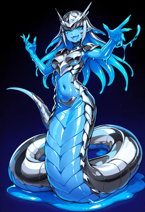 Alien fusion girl. HR Giger design elements. Liquid metal body. Slime body. Black image color. Bone armor. Arms transform into monsters. Monster head. Baring fangs. Lamia lower body. Tail made of spine.