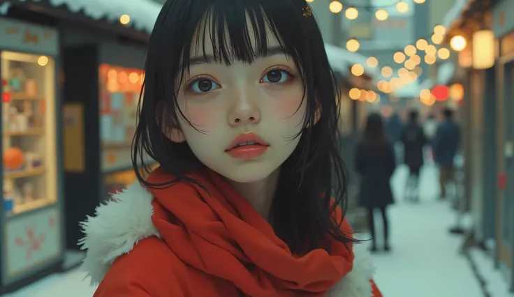  Japanese girl in Santa Claus costume, smile,beautifully detailed eyes, droopy eyes,beautiful detailed lips,  very detailed faces and hair , long lashes,  intricate and detailed texture of fabric , Santa hat,  Christmas light , snowy winter background , (H...