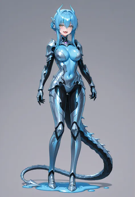 Alien fusion girl. HR Giger design elements. Liquid metal body. Slime body. Black image color. Bone armor. Arms transform into monsters. Monster head. Bares fangs. Legs turn into tails. Tail made of spine. Bioluminescent organs.