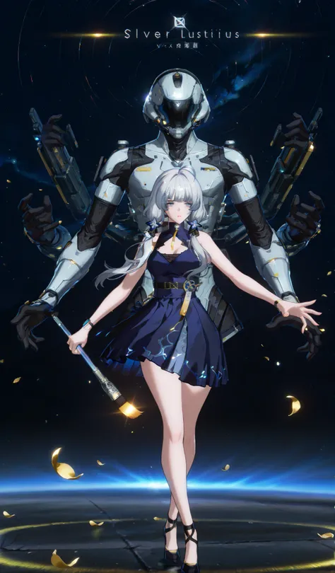 An anime-style futuristic girl,Long Silver Hair,blue eyes,wears a cyberpunk-style black and blue dress,levitates in a high-tech environment,Hand Glowing Brush, glowing effects , dynamic fighting posture ,Kedaishang,Intricate details,Golden petals fall,Ultr...