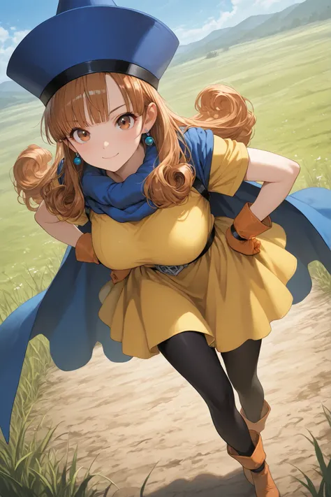 masterpiece, best quality, ultra-detailed, highres,  
1girl, solo, \(Alena from Dragon Quest Ⅳ\), very cute face, cute girl, brown eyes, brown hair, long curly hair,  large breasts, 
yellow dress, short sleeves, cape, gloves, scarf, hat, pantyhose, dress, ...