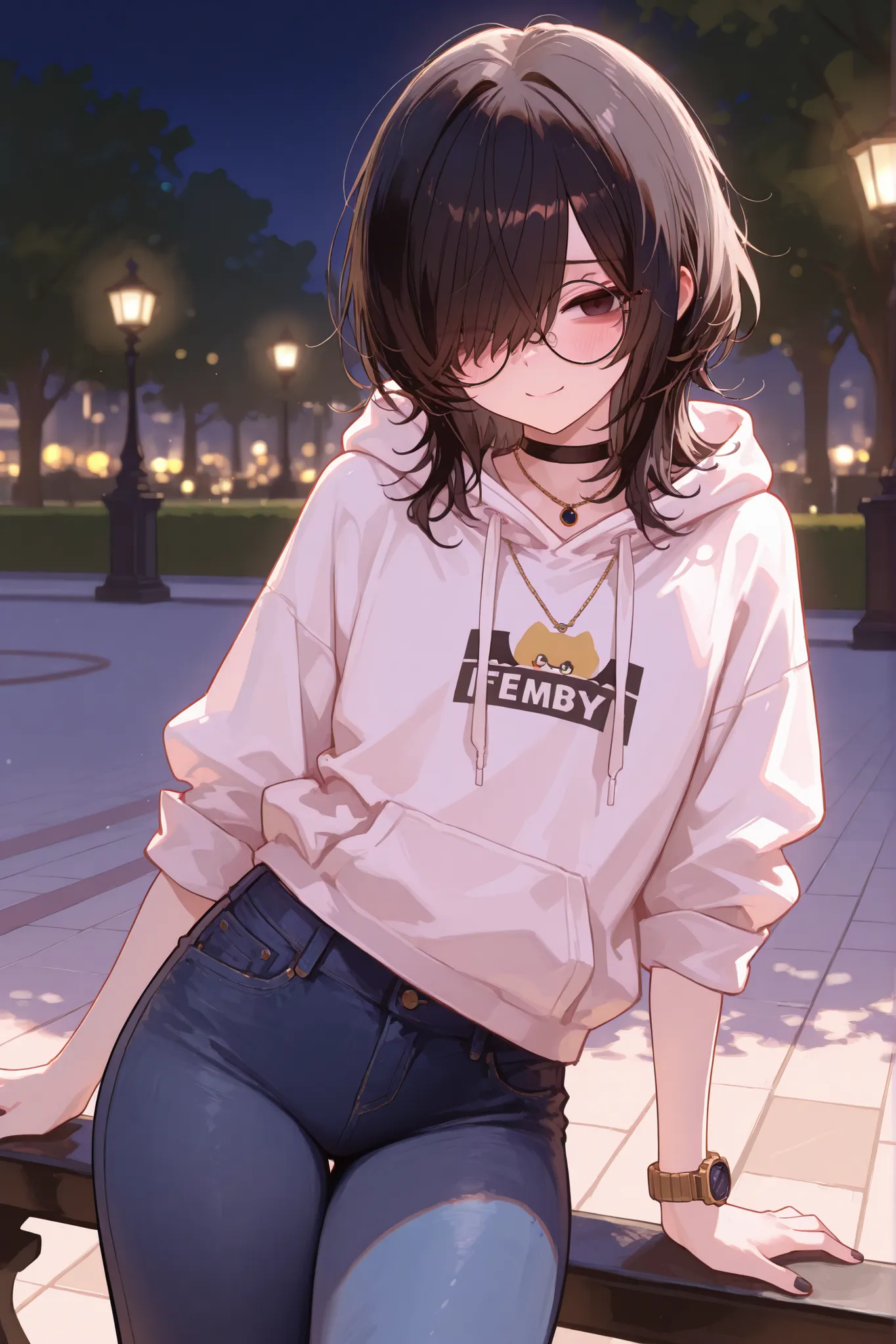 1boy, femboy, black hair, wavy hair, medium hair, hair over half of face, hair over one eye, brown tired eyes, thin eyes, choker necklace, elegant, long legs, sexy pose, in a park, dynamic lighting, flat chest, circle glasses, elegant face, casual cute out...