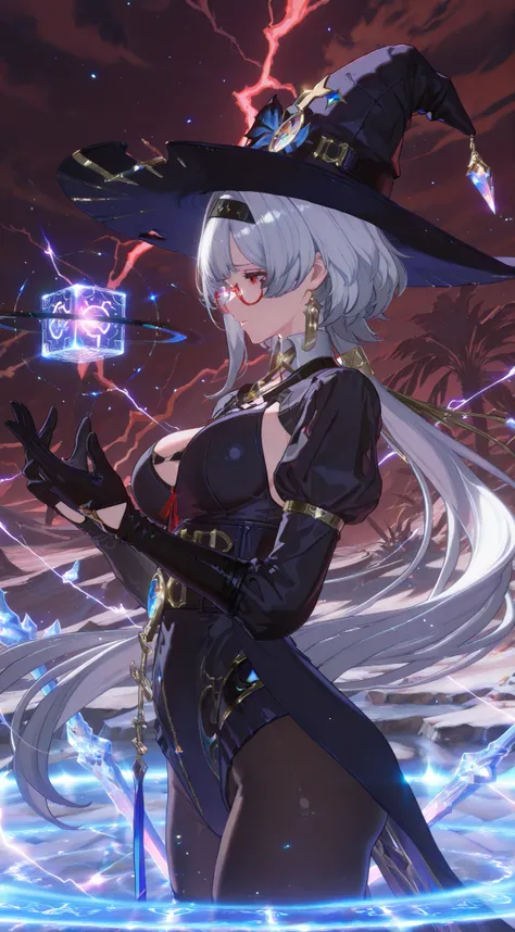 masterpiece,The best quality,newer,absurdres,highres,very far away view,1 girl,adorable,muy beautiful,shy,(big ),red eyes,glasses,beautiful,piel clara, Shiny hair , ultra detailed eyes ,Force Field azul,sexy witch outfit,Hands extended,magic barrier azul,...