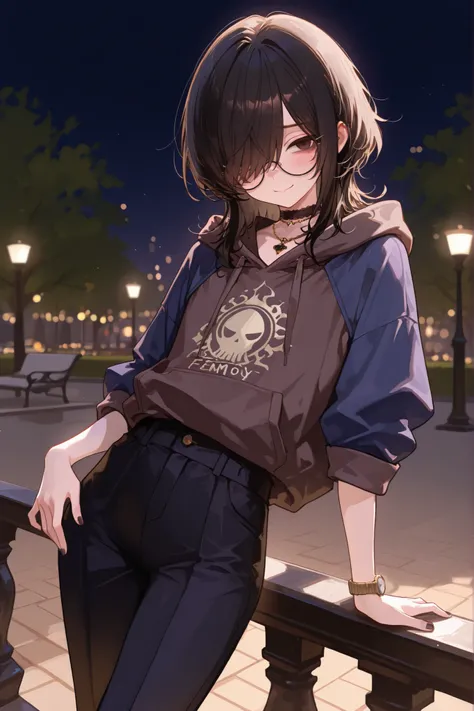 1boy, femboy, black hair, wavy hair, medium hair, hair over half of face, hair over one eye, brown tired eyes, thin eyes, choker necklace, elegant, long legs, sexy pose, in a park, dynamic lighting, flat chest, circle glasses, elegant face, casual outfits,...