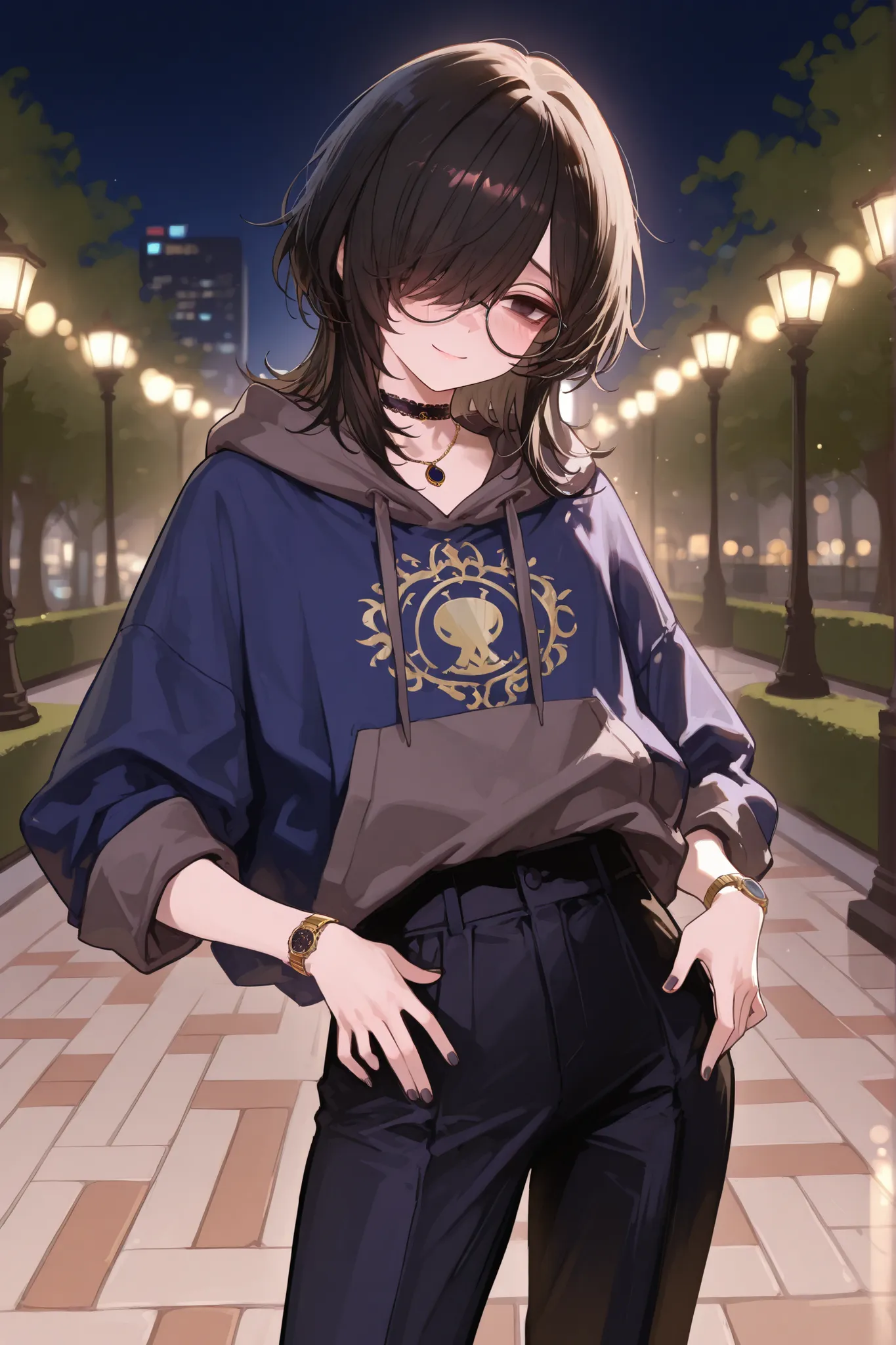 1boy, femboy, black hair, wavy hair, medium hair, hair over half of face, hair over one eye, brown tired eyes, thin eyes, choker necklace, elegant, long legs, sexy pose, in a park, dynamic lighting, flat chest, circle glasses, elegant face, casual outfits,...